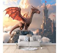 Carta da Parati 3D Drago Castello Fotomurale Animale Fototapete 200x140 cm Murales da Parete Tessuto non Tessuto Facile da Installare Adatto per Soggiorno Cucina Carta da Parati Camera da Letto
