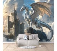 Carta da Parati 3D Drago Castello Fotomurale Fantasia Fototapete 200x140 cm Murales da Parete Tessuto non Tessuto Facile da Installare Adatto per Soggiorno Cucina Carta da Parati Camera da Letto
