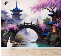 Carta Da Parati 3D Edifici Blu Ponti Fiori Di Ciliegio Rosa Fiumi Panorama | Adesivi Decorativi di Alta Gamma Adatti a Ristoranti Divani Soggiorni Camere TV da Letto e Tutte le Pareti Fondo-250cm×170cm