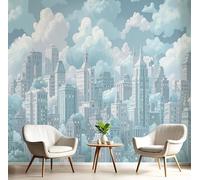 Carta Da Parati 3D Effetto 150X105Cm Fotomurali In Murale Alla Decorazione Da Muro Xxl Poster Gigante Design Soggiorno Cameretta Grigio-Verde Città Delle Nuvole Edifici Dei Cartoni Animati