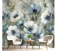 Carta Da Parati 3D Effetto 150X105Cm Fotomurali In Murale Alla Decorazione Da Muro Xxl Poster Gigante Design Soggiorno Cameretta Grigio-Verde Fiori Di Anemone Piante Acquerellate