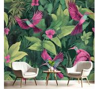 Carta Da Parati 3D Effetto 200X140Cm Fotomurali In Murale Alla Decorazione Da Muro Xxl Poster Gigante Design Soggiorno Cameretta Rosa Verde Fiori,Foglie,Uccelli Che Volano Piante Della Giungla