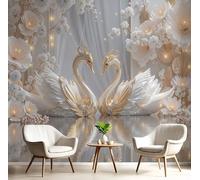 Carta Da Parati 3D Effetto 250X170Cm Fotomurali In Murale Alla Decorazione Da Muro Xxl Poster Gigante Design Soggiorno Cameretta Oro Argento Foglia Di Cigno Piante Testurizzate