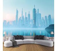 Carta Da Parati 3D Effetto 300X210Cm Fotomurali In Murale Alla Decorazione Da Muro Xxl Poster Gigante Design Soggiorno Cameretta Blu Bianco Città Futura Paesaggio Fantascientifico