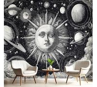 Carta Da Parati 3D Effetto 300X210Cm Fotomurali In Murale Alla Decorazione Da Muro Xxl Poster Gigante Design Soggiorno Cameretta In Bianco E Nero Sole,Luna E Stelle Illustrazione Paesaggio