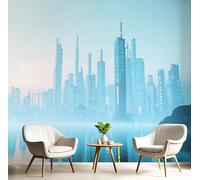 Carta Da Parati 3D Effetto 350X260Cm Fotomurali In Murale Alla Decorazione Da Muro Xxl Poster Gigante Design Soggiorno Cameretta Blu Bianco Città Futura Paesaggio Fantascientifico