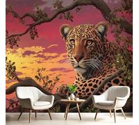 Carta Da Parati 3D Effetto 400X280Cm Fotomurali In Murale Alla Decorazione Da Muro Xxl Poster Gigante Design Soggiorno Cameretta Marrone Arancione Leopardo Del Tramonto Animali Del Paesaggio