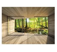 Carta Da Parati 3D Effetto Foresta Bosco Finestra - Include Colla - Moderna Fotografica Carta per Pareti Soggiorno Camera Da Letto Sala Fotomurali In Tessuto Non Tessuto TNT (312x219 cm - 3 Strisce)