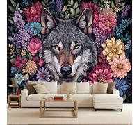 Carta da Parati 3D Effetto Lupo Fiore Carta Parati Lupo Animale Fotomurale Tessuto non Tessuto Nessun Supporto Adesivo Resistente Impermeabile Facile da Pulire Adatto per Caffè Ufficio 300x256 cm