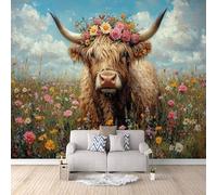 Carta da Parati 3D Effetto Mucca Fiore Carta Parati Mucca Animale Fotomurale Tessuto non Tessuto Nessun Supporto Adesivo Resistente Impermeabile Facile da Pulire Adatto per Caffè Ufficio 150x105 cm