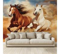 Carta da Parati 3D Fotomurale Due maestosi cavalli galoppano deserto Fotografica Tessuto Non Tessuto Design per Pareti Camera Soggiorno Tv Hotel Corridoio Lusso Sfondo Dipinto Murale 250 x 175 cm