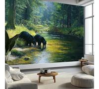 Carta Da Parati 3d Fotomurale Murali 250 x 175 cm, Soggiorno Divano Tv Hotel A Tema Natura Corridoio Di Lusso Sfondo Dipinto Ruscello Nella Foresta Animali Orso Murale