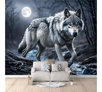 Carta Da Parati 3d Lupo 400x280 cm, Scena Notturna Nella Foresta Fotomurali Non Tessuto, Carta Da Parati Camera Da Letto, Per Casa Ufficio Camera Da Letto Soggiorno.