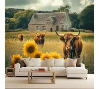 Carta da Parati 3D Marrone Mucca Girasole Fiori Murales 250x175 cm Tessuto Non Tessuto Fotomurale, Moderna Carta Parati Camera da Letto Opaco Wallpaper Per Soggiorno Camera Ragazzi Sala Ufficio