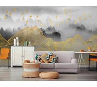 Carta Da Parati 3D Montagna Astratta E Acqua Linea D'Oro Uccello 200x140cm Fotomurali Poster Gigante Design Murale Decorazione -MIWEI Wallpaper-ZXY-08939