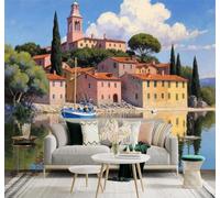 Carta Da Parati 3D Villaggi Lungo La Riva Edifici Lago Barche Vela Panorama | Lussuosa Trama in Seta Ideale Per Sala da Pranzo Soggiorno Camera Letto Studio Ufficio Divani e Pareti Dietro TV-150cm×105cm