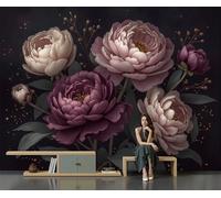 Carta Da Parati 400 x 280 cm - Carta Da Parati fotografica Viola Scuro Retrò Floreale Per Camera - Non Tessuto Rappresentazione Realistica Delle Peonie Stampa Murale, per Soggiorno Camera De Letto