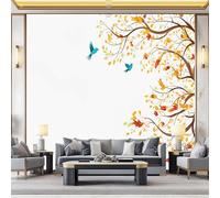 Carta da parati 400 x 280 cm Fotomurali in TNT Murale alla moda Decorazione da Muro Alberi autunnali, uccelli che volano, freschezza Poster Gigante Design Carta per Colori caldi giallo-blu