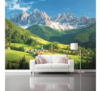 Carta da parati 400 x 280 cm Fotomurali in TNT Murale alla moda Decorazione da Muro Paesaggio montano dipinto ad olio sulla natura Poster Gigante Design Cameretta Carta per Verde Blu