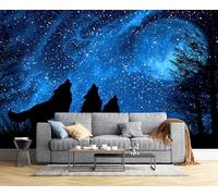 Carta Da Parati 400L × 280Acm Universo Cielo Stellato Paesaggio Fotomurali 3D Effetto Silhouette Di Lupo Animale Fotomurale Blu Scuro Decorazione Da Grande Parete Fotografica Per Camera Da Letto