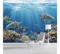Carta da Parati 400x280cm Fotomurali in Seta Mondo Sottomarino Decorazione da Muro Tartarughe Della Barriera Corallina XXL Poster Gigante per Soggiorno Camera Da Letto Bagno, Blu