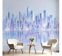Carta Da Parati 450X300Cm Città Riflessa Fotomurali Seta Murale Alla Decorazione Da Muro Xxl Poster Cameretta Per Camera Da Letto Soggiorno Futurismo 3D Pittura Blu-Viola