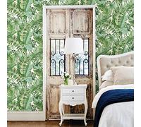 Carta da parati a tema tropicale con foglie di palma, colore bianco e verde