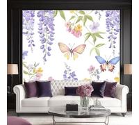 Carta Da Parati Acquerello Panoramica 3D Non Tessuto - Il Glicine Si Intreccia Con Le Farfalle Che Volano Fotomurale Per Soggiorno Camera Da Letto, Poster Gigante Design Moderno 300 X 210 Cm