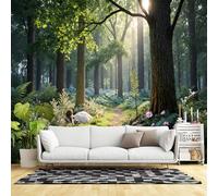 Carta da parati adesiva da parete di dimensioni personalizzate, motivo: sentiero nella foresta illuminata dal sole, alberi antichi, tessuto autoadesivo (senza PVC) rimovibile, grande carta da parati