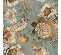 Carta Da Parati Adesiva Muro Floreale Verde Petrolio E Oro Con Fiori E Uccelli C