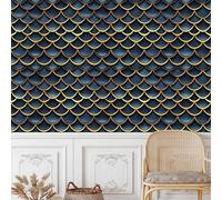 Carta da Parati Adesiva per Pareti Mobili Autoadesiva Muro 50×600CM Motivo A Squame Di Pesce Carta da Parati Camera da Letto Stile Squama Di Pesce Blu-oro Fantasia Impermeabile Bagno Cucina Armadio