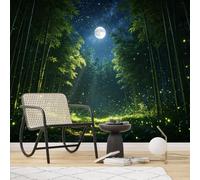 Carta da parati adesiva rimovibile con lucciole incandescenti, dimensioni personalizzate, con boschetto di bambù al chiaro di luna, per appartamenti e corridoi