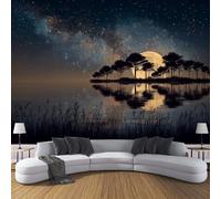 Carta da Parati Alberi Riflessi Nel Lago 350x250cm - Fotomurali in Seta Cielo Stellato Fantasy Decorazione da Muro XXL Poster Gigante Design per Per Soggiorno Tv Sfondo Muro Decorazioni, Blu Scuro