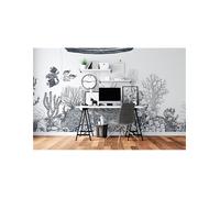 Carta da parati animal con grafica oceano stilizzata Reef su misura - Rimura - Tessuti: Ecowall PVC free lino - WP04, Colori: ve150-1 bianco e nero