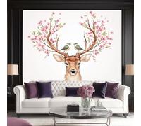 Carta Da Parati Animali Due Uccelli In Piedi Tra Le Corna Di Un Cervo Fiorito 3D Fotomurale - Poster Gigante Da Parete Per Camera Da Letto, Soggiorno,Corridoio - Murale 350 X 256 Cm