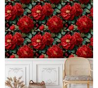 carta da parati antimuffa 44 X100Lcm Rosa Rossa Vintage Con Foglie Verdi carta da parati anti umidità Stile moderno e pulito per ambienti domestici o professionali, senza forature né attrezzi Z263269