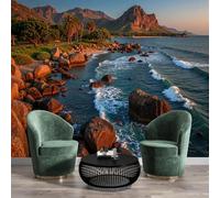 Carta Da Parati Arancione-Blu Costa Rocciosa Effetto 3D 300X210Cm Fotomurale Cucina Murales Xxl Poster Gigante Design Casa Tramonto Sull'Oceano Per Soggiorno Camera Da Letto Corridoio Sala Da Pranzo