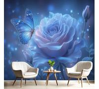 Carta da parati Arte Floreale Fantasy Fotografica in Seta Rose E Farfalle Sfondo Murale XXL Decorazione da Parete per Soggiorno Camera De Letto Sala Ufficio Studio, 450x315cm, Blu