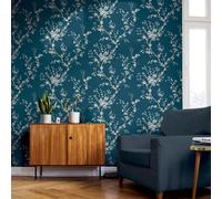 Orientale Brillantini Fiori Percorso Blu Bianco Verde Trendy Parati 692805