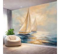 Carta da parati artistica 3D in tessuto non tessuto Barca A Vela Dipinta A Olio 200 x 140 cm Carta da parati decorazione murale per soggiorno e camera da letto, Beige