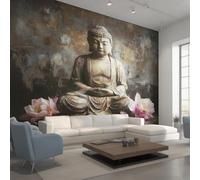 Carta da parati astratta a tema spirituale, marrone chiaro e rosa, con statua di Buddha zen in meditazione, ideale per la camera da letto o il soggiorno, in tessuto non tessuto, 430 cm x 300 cm.
