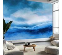 Carta da parati astratta con onde di nebbia ad acquerello 350x256 cm, murales blu per camera da letto, soggiorno, cameretta dei bambini, decorazione artistica da parete art deco - carta da parati