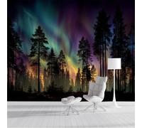 Carta Da Parati Aurora Boreale Nella Foresta Di Pini Fotomurali Paesaggio Forestale Fantastico Decorazione da Muro XXL Poster Gigante Design per Camera letto, Soggiorno, 150x105cm, Nero