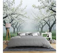 Carta Da Parati Autoadesiva Carta Da Parati Murale Con Fiori Di Ciliegio Bianchi Per Camera Da Letto 450×315 Cm Da Panoramica 3D Con Paesaggio Di Foresta Nebbiosa Grande Da Parat