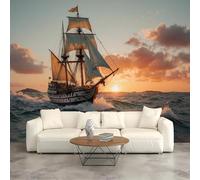Carta da parati autoadesiva da parete, storia marittima, con maestosa nave a vela al tramonto sull'oceano, tessuto autoadesivo (senza PVC), carta da parati rimovibile per soggiorno, camera da letto