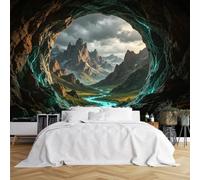 Carta da parati autoadesiva di dimensioni personalizzate, con grotta e vista sulla valle delle montagne incandescenti, grande foto, autoadesiva, rimovibile, per la decorazione della casa e l'ufficio