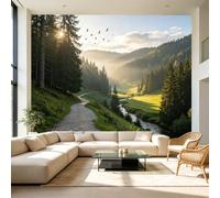 Carta da parati autoadesiva di dimensioni personalizzate, con paesaggio della foresta tranquilla, valle illuminata dal sole, fiume, uccelli che volano, in tessuto autoadesivo, rimovibile, grande