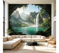 Carta da parati autoadesiva di dimensioni personalizzate, con paesaggio di montagna serena, cascata, vista della grotta tropicale, in tessuto, rimovibile, grande, decorazione da parete per soggiorno
