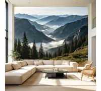 Carta da parati autoadesiva di dimensioni personalizzate, con paesaggio montano sereno, valle delle nebbie e pinete, in tessuto rimovibile, grande, decorazione da parete per soggiorno, camera da letto