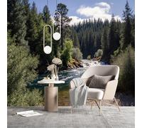 Carta da parati autoadesiva di dimensioni personalizzate, fiume con acque turchesi, rive rocciose, verde lussureggiante, cielo bosco sempreverde, tessuto autoadesivo (senza PVC), carta da parati